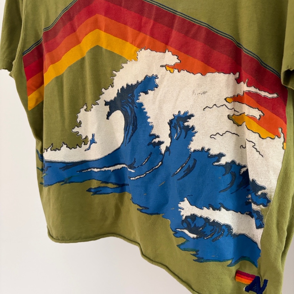 Super Rare Aviator Nation Olive Green Tee with Vibrant Wave Graphic SM - Picture 3 of 10